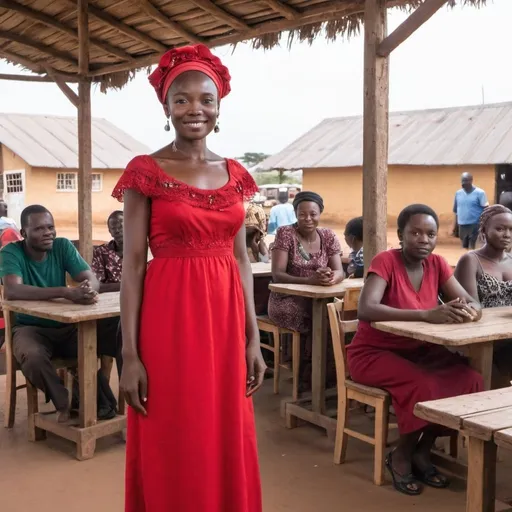 Prompt: A fair lady wearing a red long dress at a local joint in africa