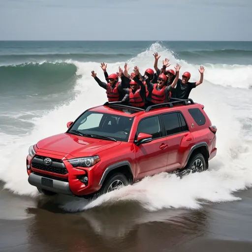 Prompt: create an image of a 2025 Gray Toyota XSE with Red interior riding through waves  with 10 people in the car some sticking their heads out of the windows and waving
