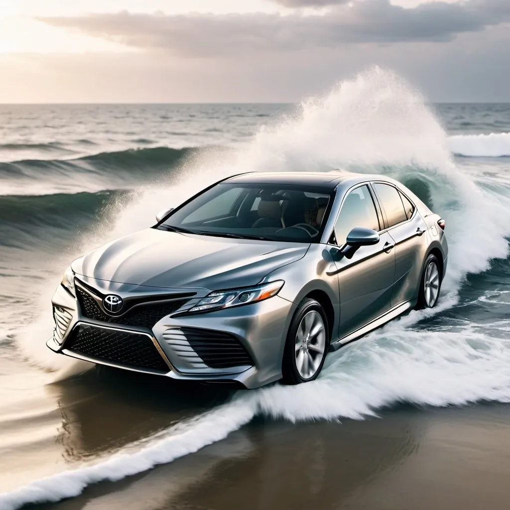 Prompt: create an image of a 2025 Gray Toyota Camry riding the waves like a surfer