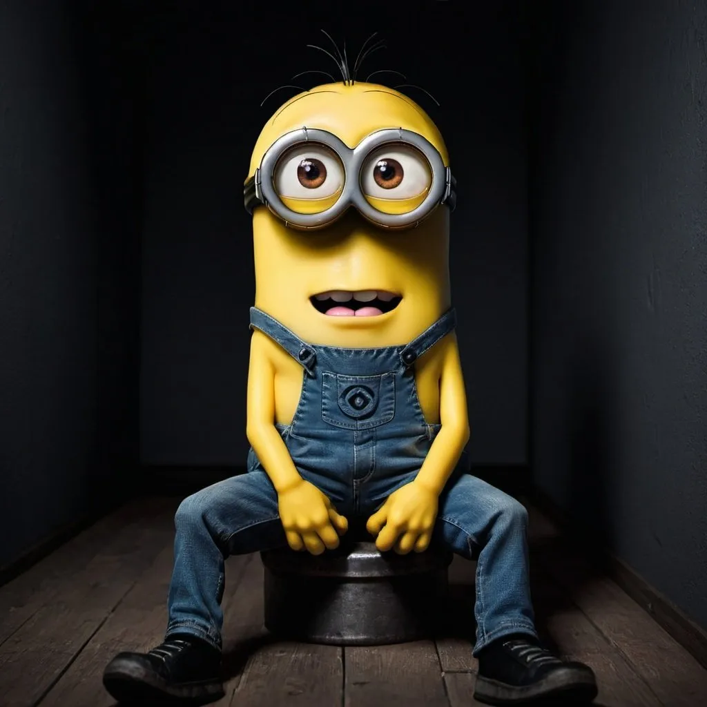 Prompt: very skinny minion sitting in a dark room touching himself