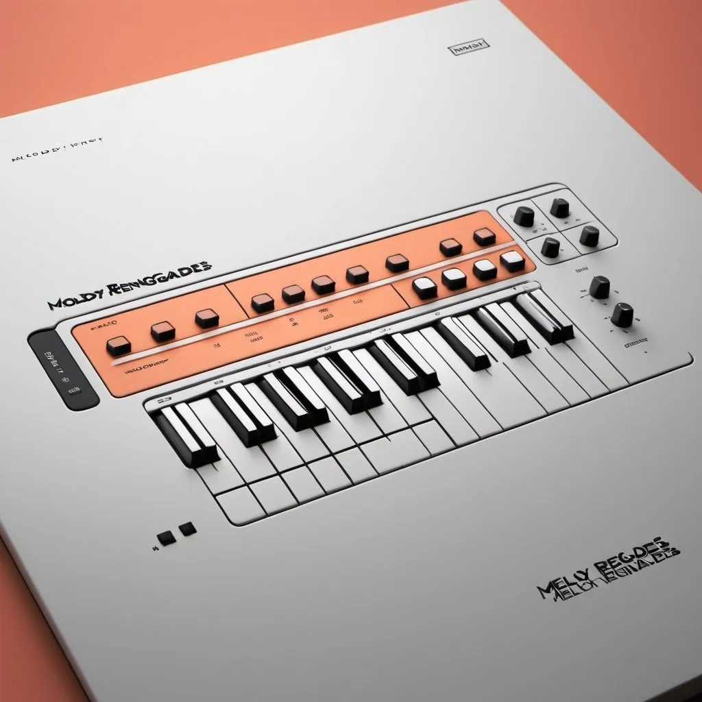 Prompt: Minimalist, geometric outline of a retro synthesizer, with clean, bold lines and essential controls. The agency name, 'Melody Renegades' spelled correctly