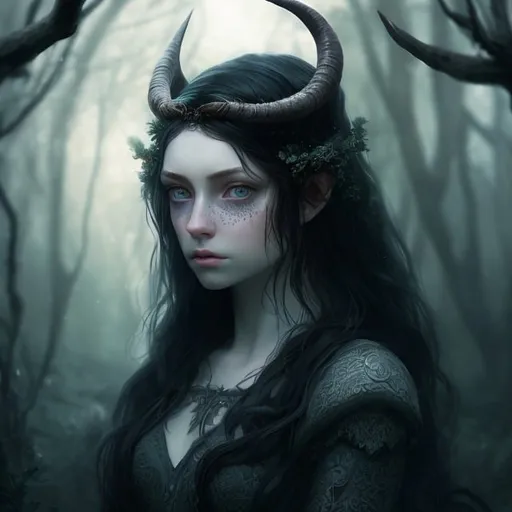 Prompt: Cinematic portrait of a gorgeous, sad folk tale girl with long dark hair, striking wide blue eyes, detailed face with pale skin, looking straight at the camera, wearing a black lace gown and dark cloak, in a forest setting, with hair adorned with swirls, making eye contact. Realistic, soft light on face, high contrast, detailed expression, elegant, ethereal lighting, fantasy, dark tones, professional, detailed clothing, horns on head