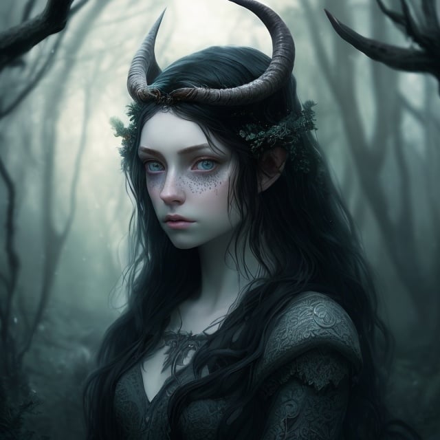 Prompt: Cinematic portrait of a gorgeous, sad folk tale girl with long dark hair, striking wide blue eyes, detailed face with pale skin, looking straight at the camera, wearing a black lace gown and dark cloak, in a forest setting, with hair adorned with swirls, making eye contact. Realistic, soft light on face, high contrast, detailed expression, elegant, ethereal lighting, fantasy, dark tones, professional, detailed clothing, horns on head