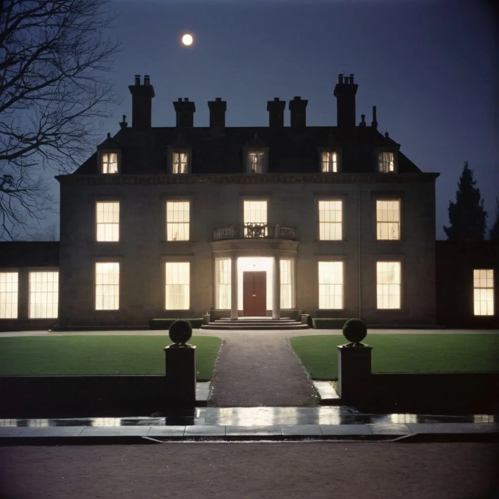 Prompt: The front of a family estate,in the 1950s,at night