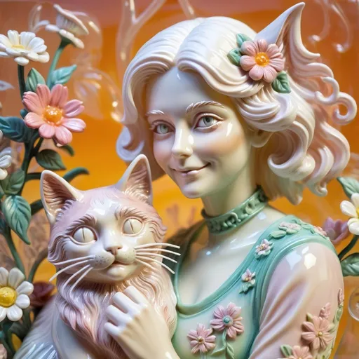 Prompt: A detailed and vibrant clear transparent glass sculpture of a slightly smiling Italian woman with white hair with flowers, coffee pastel colors and calico cat
intricate details, surreal, pastel background