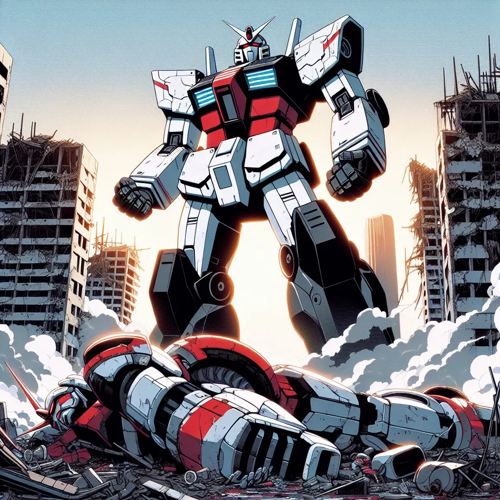 Prompt: Show the aftermath of two mobile suit Gundam fighters in the middle of a destroyed city with one Gundam standing over the defeated Gundam. Draw anime style in high resolution. Also use red, white, and black as the color theme.