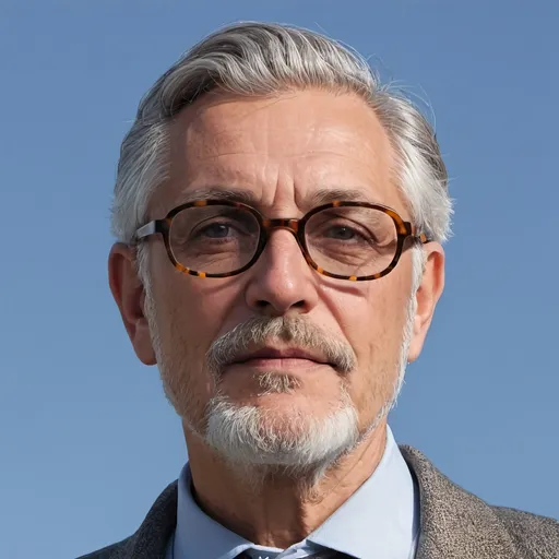 Prompt: George Cluny's, the actor, older brother. grey hair, glasses, hair parted on left side, open collar shirt, beard, sky background, tortoise shell glasses, full head of hair, no jacket, rounder face

