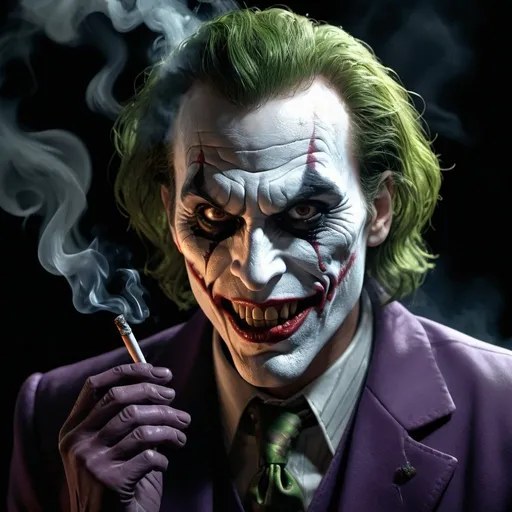 Prompt: Demonic joker smoking, dark and eerie atmosphere, high-quality rendering, surreal, horror, detailed facial features, sinister grin, glowing eyes, intense lighting, eerie smoke effects, 3D rendering, devilish, chilling, haunting, mysterious, intense shadows, supernatural, intense details, macabre, atmospheric lighting