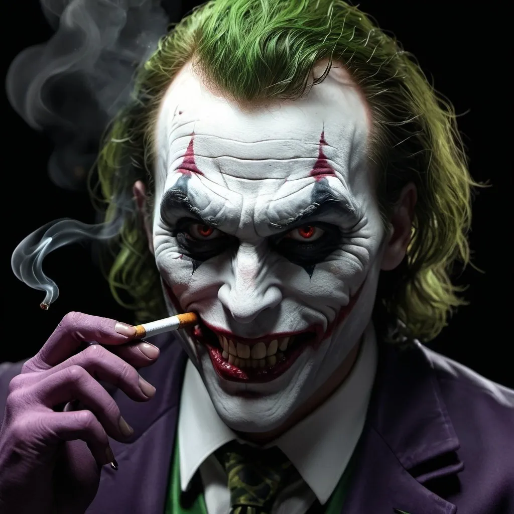 Prompt: Demonic joker smoking, dark and eerie atmosphere, high-quality rendering, surreal, horror, detailed facial features, sinister grin, glowing eyes, intense lighting, eerie smoke effects, 3D rendering, devilish, chilling, haunting, mysterious, intense shadows, supernatural, intense details, macabre, atmospheric lighting