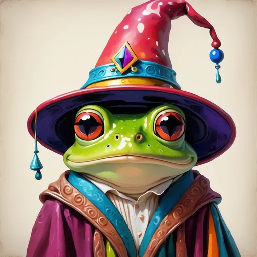 Prompt: Frog wearing a wizard hat, Picasso style,