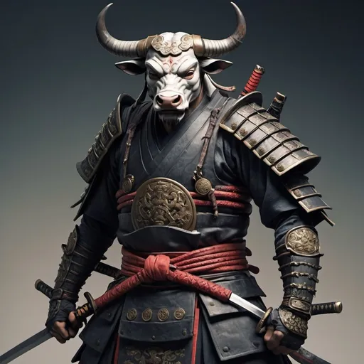 Prompt: mutant samurai with a head of a bull. short horns and 3 swords sheathed on his belt. scars on his face and back from his past. gentle smile.