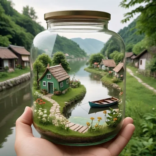 Prompt: Inside a glass jar, there is a village with a green, serene vibe. There are small houses, flowers, and trees nearby, and a river with little boats. The scene is set in the evening, and outside the glass jar, there is a picturesque natural landscape.