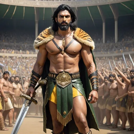 Prompt: A photorealistic image of a very handsome and muscular Indian male warrior with black hair and beard, yellow eyes, wearing a tiger fur cape, green leather loin cloth, gold metal armor, black leather sandals, standing in an arena holding a large sword with spectators cheering in the background.    