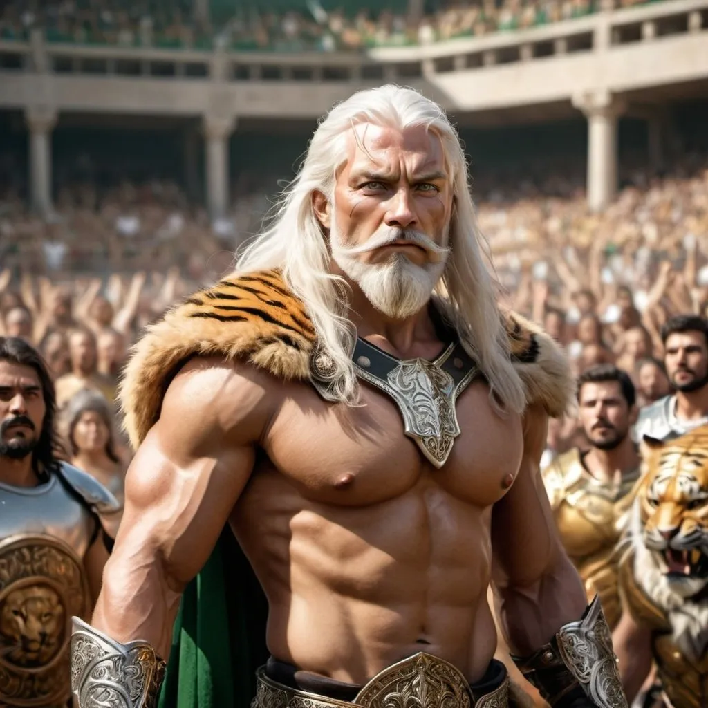 Prompt: A photorealistic image of a muscular male warrior with tiger fur covering his body, long white hair and beard, green eyes, and golden armor, standing in an arena holding a large sword with spectators cheering in the background.    