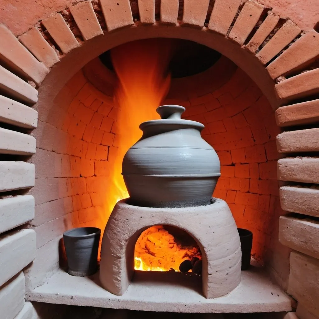 Prompt: closeup of a fiery kiln with pottery in it