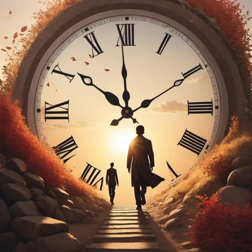 Prompt: "A dynamic and inspiring image showing the passage of time. On one side, a person is actively pursuing their dreams, working hard with determination and energy, surrounded by symbols of success and progress like a rising sun, growing plants, and a path leading upwards. On the other side, another person is standing idle, watching time slip away, with a fading clock, falling leaves, and a setting sun in the background. The image should have a motivational and uplifting atmosphere, with vibrant colors and a sense of movement and urgency."  Do this with a hourglass with sand falling through.  I want more colors with it being HD.  I want the person to look at the time and have to make a decision to make use of the time.  Make the person have stoic clothes on like marcus aurelius
