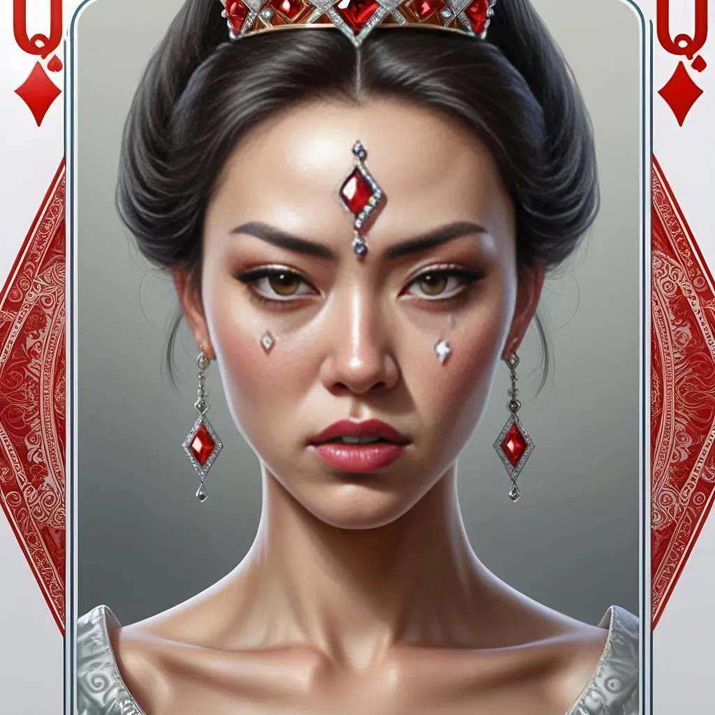 Prompt: hyper-realistic queen of diamonds playing card, with the female being very beautiful and angry looking with tears in her eyes. she should look like a mixed asian-european caucasian with a very fit thin body around 20 years old