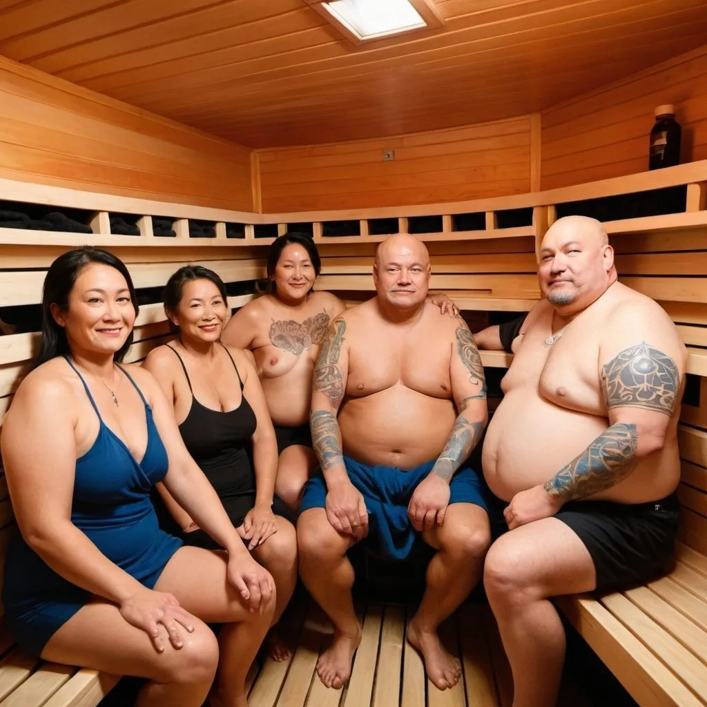 Prompt: The inside of a 10 person sauna with 4 people in it . One Māori man who is 60 but in good shape with a tattoo on each arm. One bald man who is 48 in good shape with blue eyes. One overweight 50 year old with blonde hair and an Asian lady who is 68.