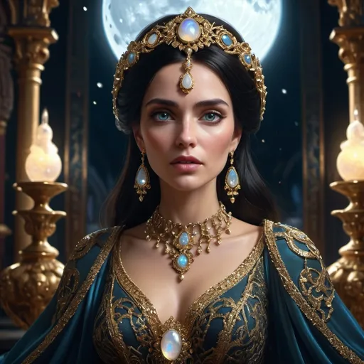 Prompt: Dark-haired woman, moonstones, copious gold jewelry, ornate clothing, lavish jewels, opals,  ancient erlitou fashion