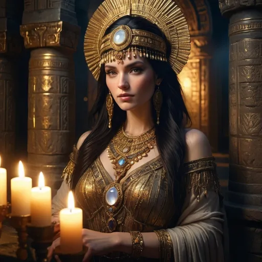 Prompt: Dark-haired woman, moonstones, copious gold jewelry, ornate clothing, lavish jewels, opals,  ancient sumerian fashion