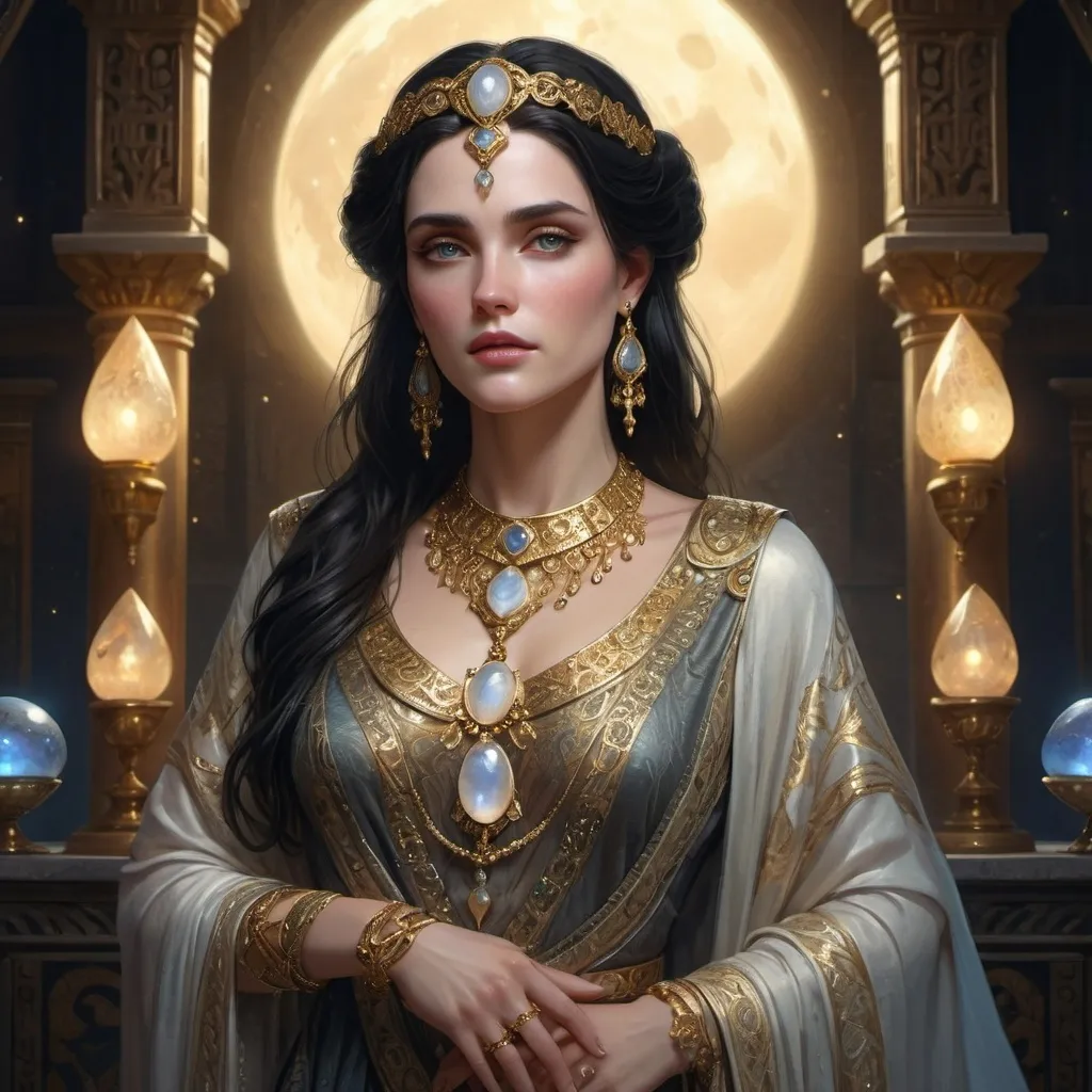 Prompt: Dark-haired woman, moonstones, copious gold jewelry, ornate clothing, lavish jewels, opals,  ancient seleucid fashion