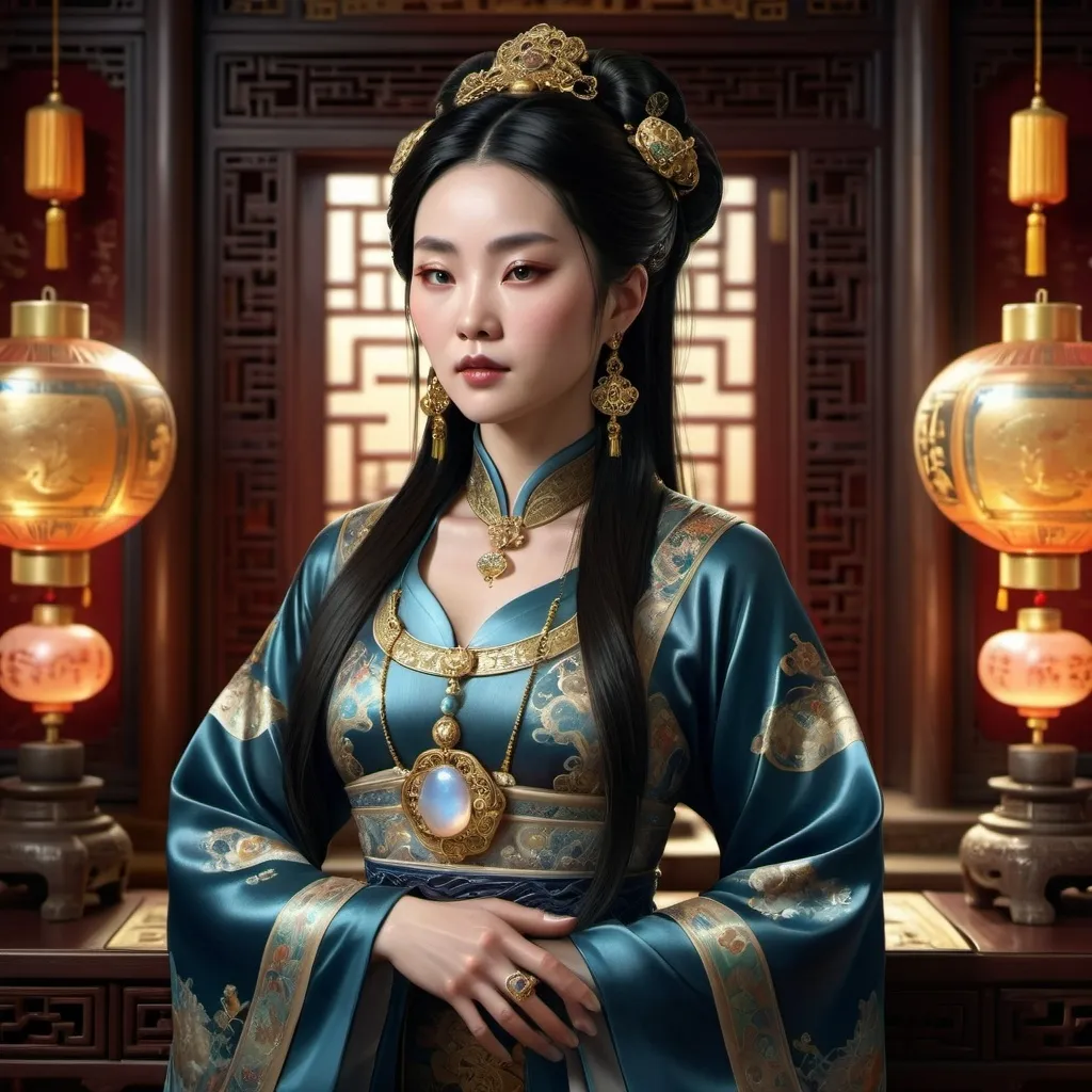 Prompt: Dark-haired woman, moonstones, copious gold jewelry, ornate clothing, lavish jewels, opals, Chinese ming dynasty fashion