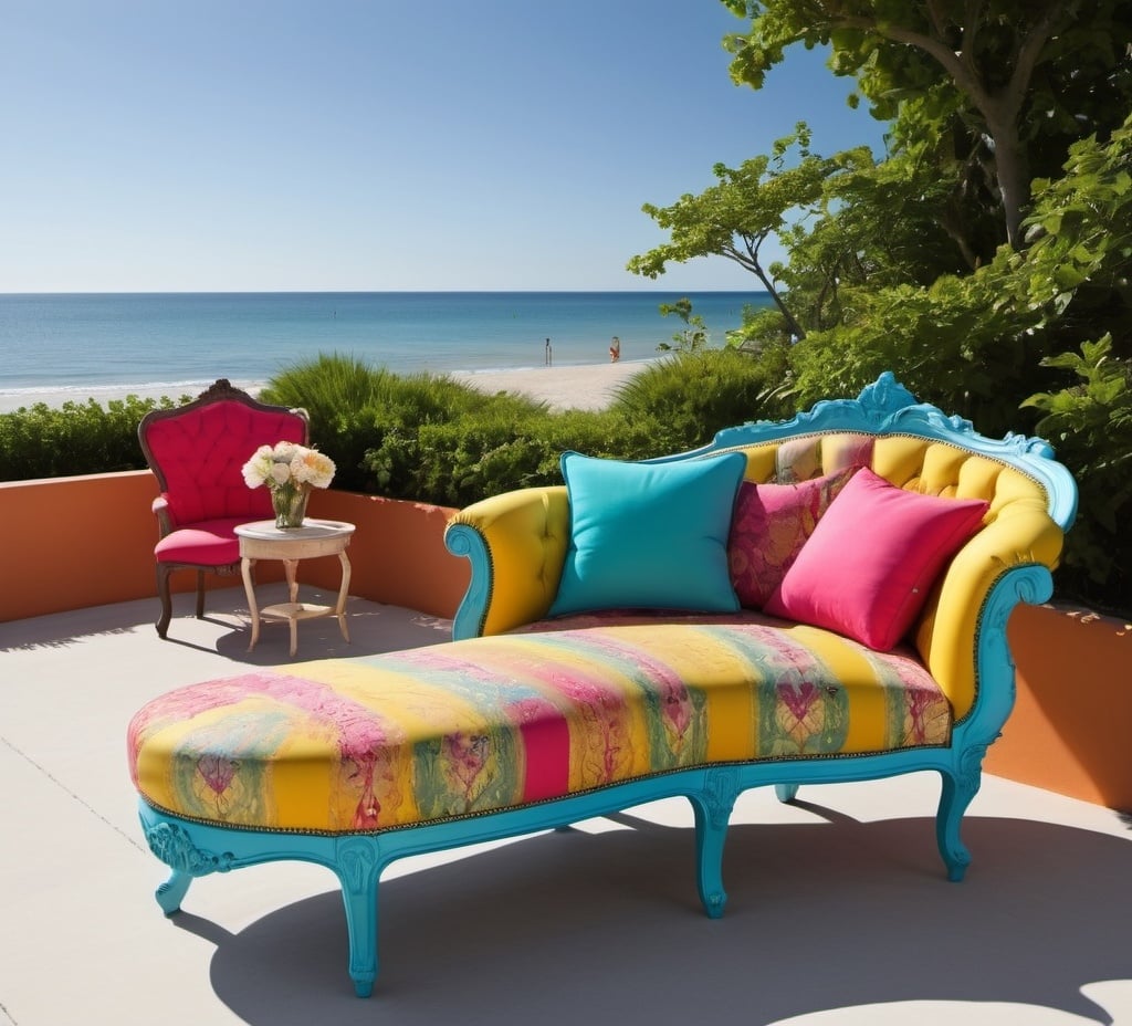 Prompt: create a colorful barock chaiselounge  with the serene backdrop of a summer beachfront


