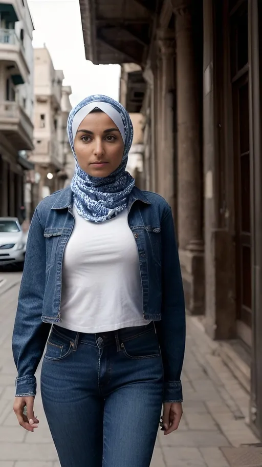 Prompt: Photorealistic portrait of a beautiful 25-year-old woman with olive skin, dark hair, and warm brown eyes. She is wearing a blue denim jeans, a plain white t-shirt, and a blue and white patterned hijab wrapped elegantly around her head. The woman is walking on a busy street in Alexandria, Egypt early in the morning, with cars, shops, and people in the background. The image is highly detailed, with sharp focus, natural lighting, and a depth of field that draws the eye to the woman's face and expression. Captured with a professional DSLR camera, 50mm lens, f/2.8 aperture, 1/250 shutter speed, and 400 ISO. Photorealistic, hyper-detailed, 8K resolution, cinematic color grading.