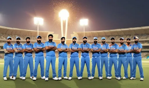 Prompt: Create an image with the current Indian cricket team and behind a stadium and trophy.