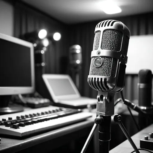 Prompt: Artistic photo of an old vintage microphone with a computer and recording equipment blurry in the background. Can the equipment in the background sparkle in the light. black and white
