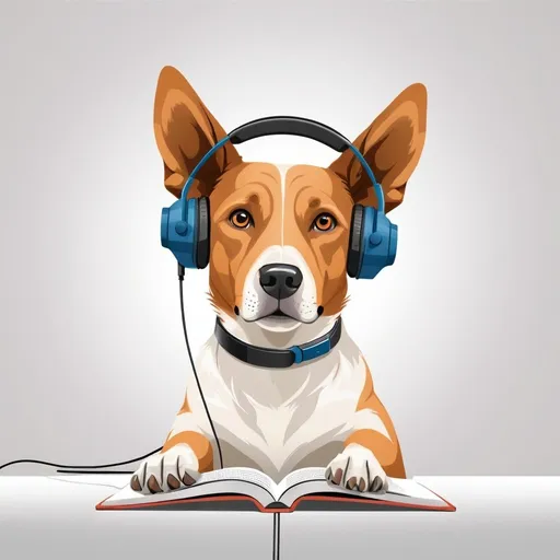 Prompt: illustration for a professional PowerPoint of a dog listening to an audiobook with light background