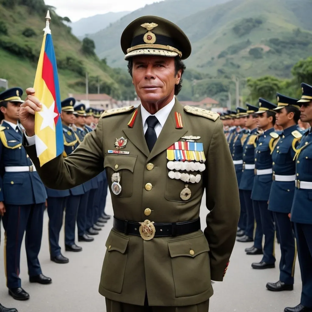 Prompt: crear una imagen de Julio iglesias vistiendo un uniforme militar colombiano, con la Bandera de Colombia ondeando en el fondo, y la frase "este 20 de Julio esta guerreado en Torino" escrita en la imagen