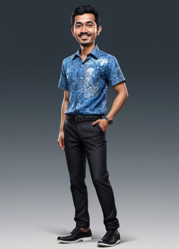 Prompt: realistic 4d caricature, Indonesian man, age 25 years old, hairy short color black, wearing blue batik shirt with silver motif, trousers long black, and wearing shoes white, full body