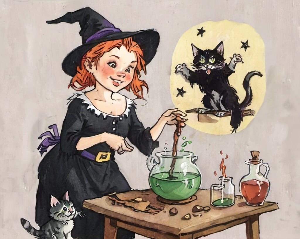 Prompt: Portrait of a witch mixing magic potion, Genrih Valk illustration, smiling gleefully, kitten watches her smiling