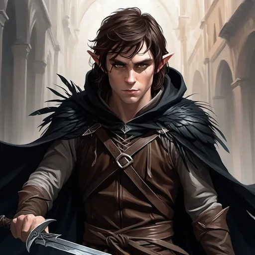 Prompt: create a 1024×1792 image using these parameters: fantasy portrait male half-elf rogue with dark brown hair throwing 2 daggers and wearing an black feathered cloak