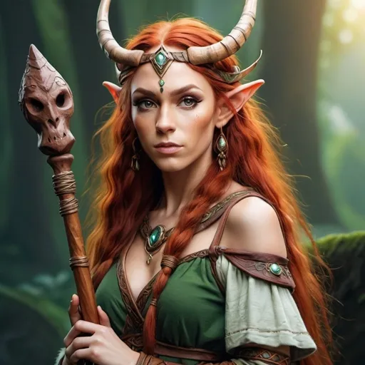 Prompt: create a 1024×1792 image using these parameters: fantasy portrait female half-elf druid with reddish hair wearing a small antler Tierra holding a staff