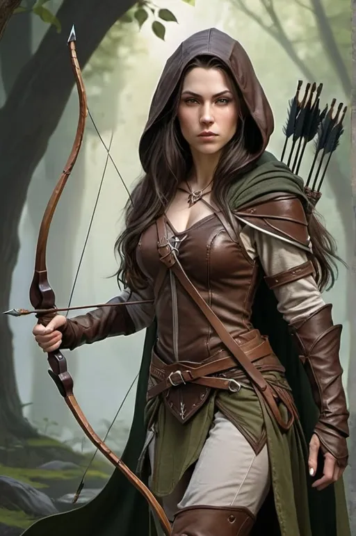 Prompt: fantasy female half-elf ranger with long dark brown hair, holding a longbow in her left hand, wearing leather armor, hooded elven robe.  show entire figure