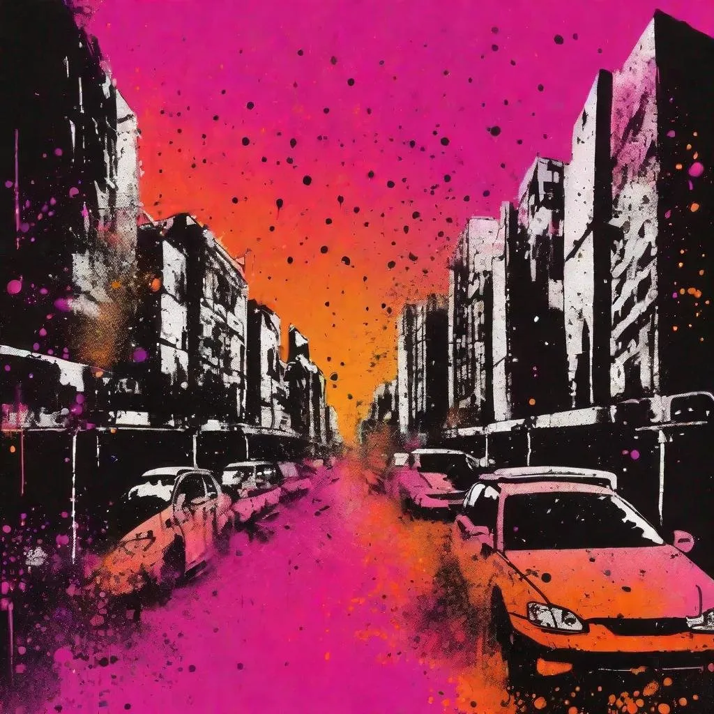 Prompt: Graffiti, splatter painting of city-life, magenta and orange gradient background, small black dots