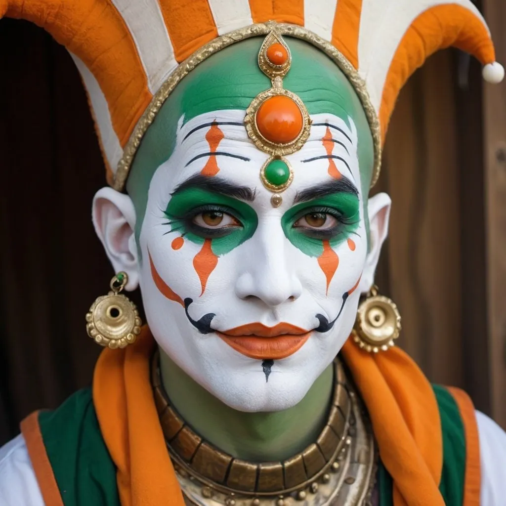 Prompt: Mystical visionary jester makeup for a theater character for burning man.
 Vajarayana buddhist decor. white face with orange and green highlights, subtle earthen tones, small clown nose