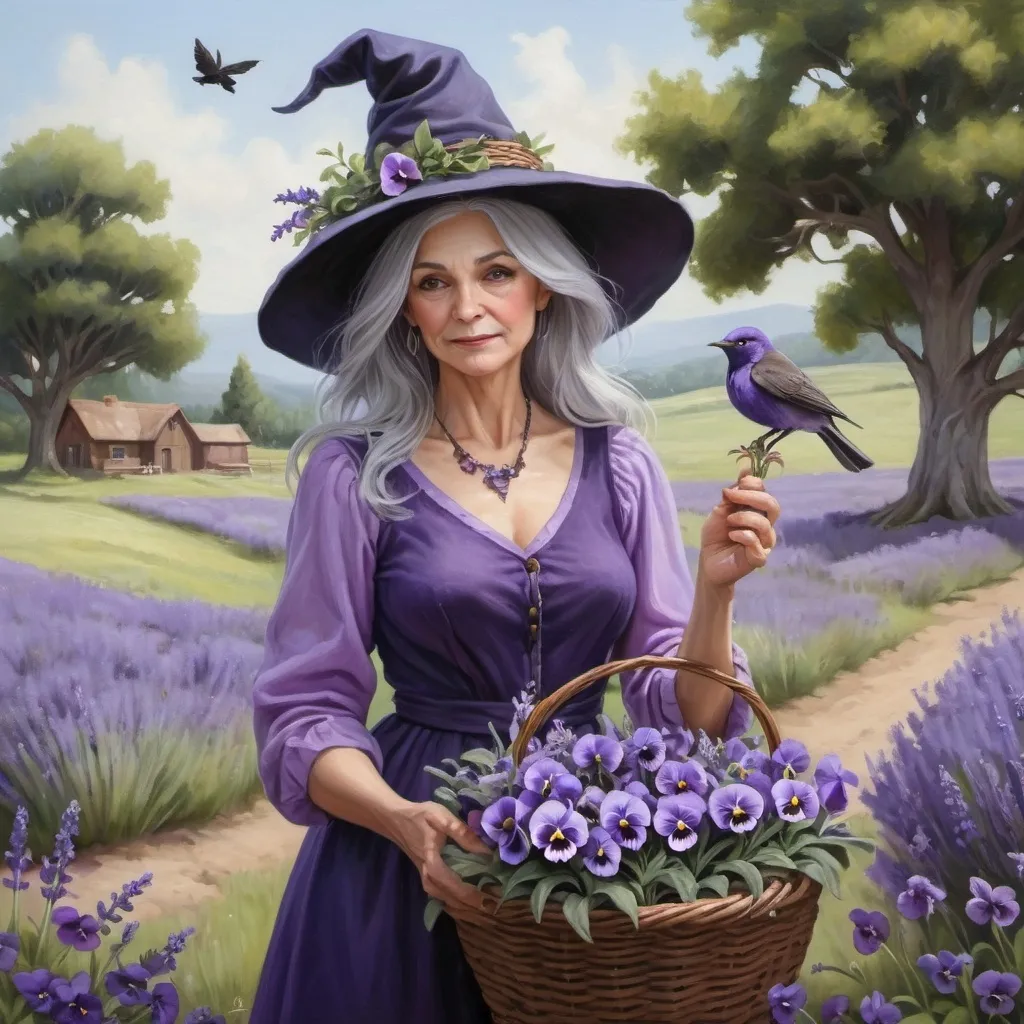 Prompt: Realistic oil painting of a beautiful witch with Silver grey hair, wearing a purple witch hat, a purple necklace, a lavender shirt, and blue jeans. She is gathering Lavender into a wicker basket. She is in a meadow and she has a small lavender bird flitting around as she gathers the flowers. There are Lilacs, Purple Irises, pansies and lavender flowers intertwining through the greenery and vines.