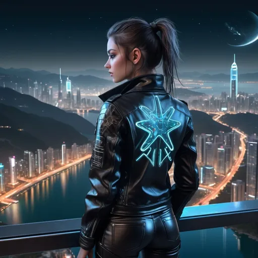 Prompt: 
 cyberpunk European girl in biomechanical attire with glistening LED-wired black leather jacket, standing atop mountainous terrain amidst skyscrapers, gazing toward a transparent LED screen, in the foreground, backdrop of a star-streaked night sky and serene exotic lakes, highly detailed, photorealistic render, UHD drawing, ultra fine
