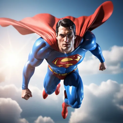 Prompt: 3d image of a superhero called "Superman" red, white, blue with text: "Superman" flying in the sky, hyper-realistic photo hd 64k