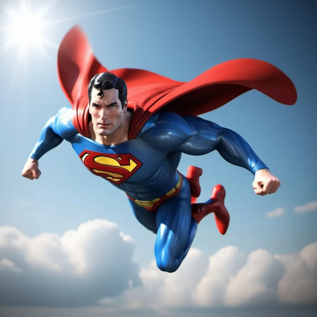 Prompt: 3d image of a superhero called "Superman" red, white, blue with text: "Superman" flying in the sky, hyper-realistic photo hd 64k