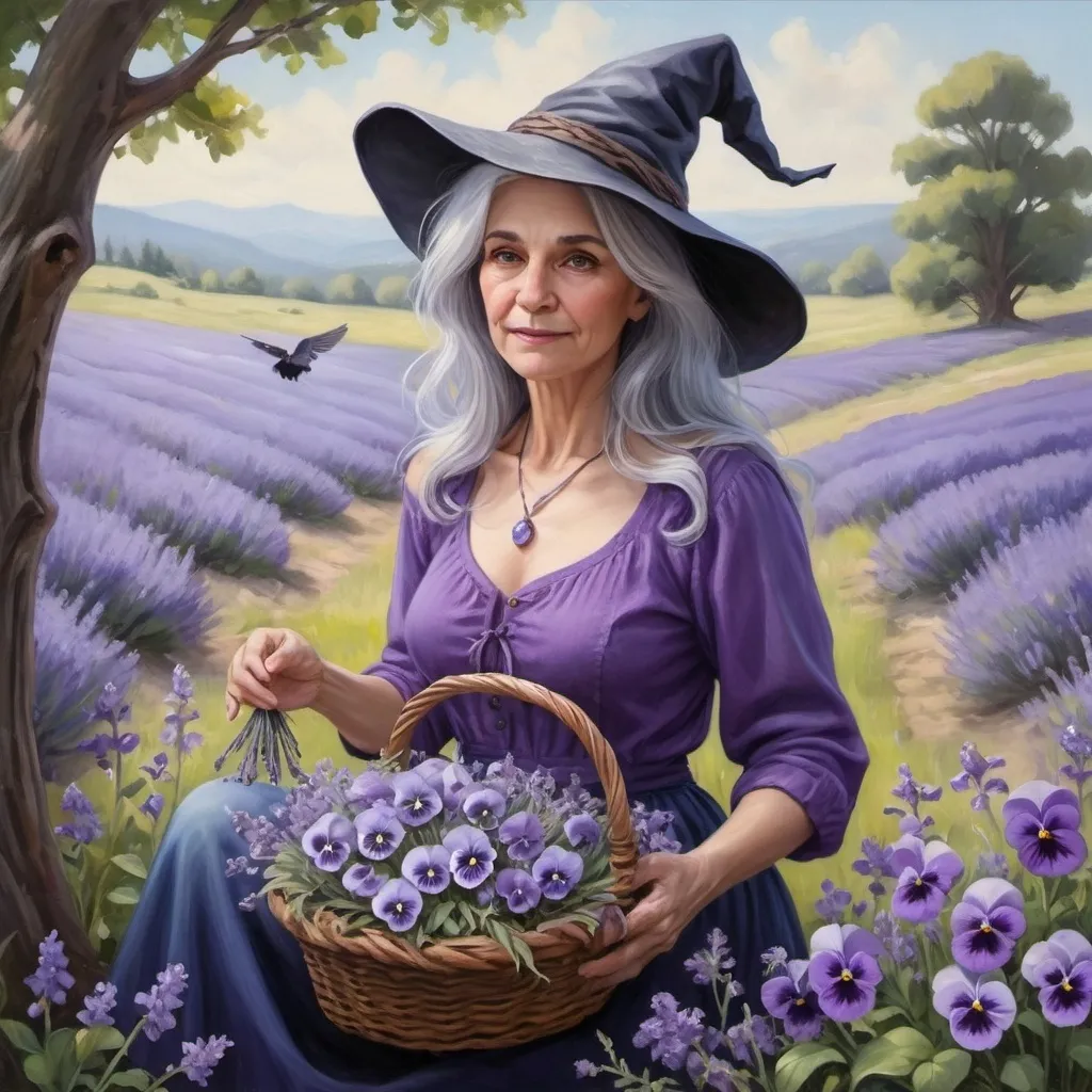 Prompt: Realistic oil painting of a beautiful witch with Silver grey hair, wearing a purple witch hat, a purple necklace, a lavender shirt, and blue jeans. She is gathering Lavender into a wicker basket. She is in a meadow and she has a small lavender bird flitting around as she gathers the flowers. There are Lilacs, Purple Irises, pansies and lavender flowers intertwining through the greenery and vines.