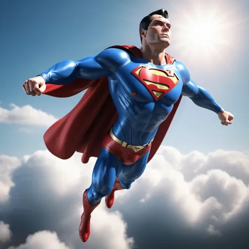 Prompt: 3d image of a superhero called "Superman" red, white, blue with text: "Superman" flying in the sky, hyper-realistic photo hd 64k