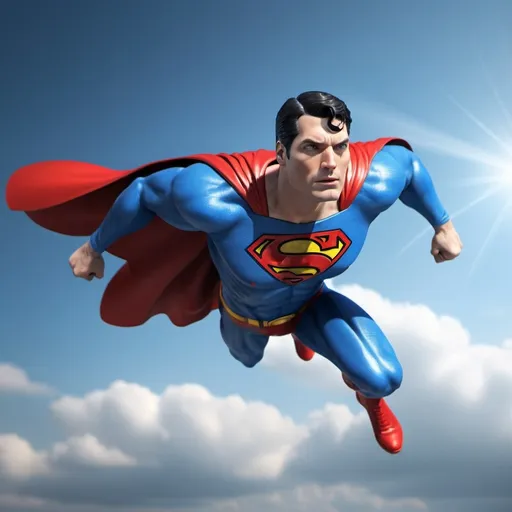 Prompt: 3d image of a superhero called "Superman" red, white, blue with text: "Superman" flying in the sky, hyper-realistic photo hd 64k