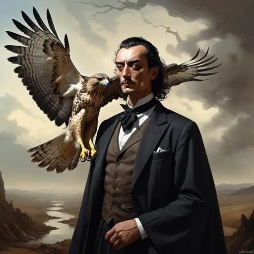 Prompt: Hawk Lord a once handsome man at his best his twisted features hint at an unhinged psyche or supernatural influence. His hunting hawk sits watching on his shoulder art style Stefan Kodl and Salvador Dali dark fantasy art