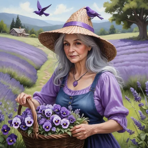 Prompt: Realistic oil painting of a beautiful witch with Silver grey hair, wearing a purple witch hat, a purple necklace, a lavender shirt, and blue jeans. She is gathering Lavender into a wicker basket. She is in a meadow and she has a small lavender bird flitting around as she gathers the flowers. There are Lilacs, Purple Irises, pansies and lavender flowers intertwining through the greenery and vines.