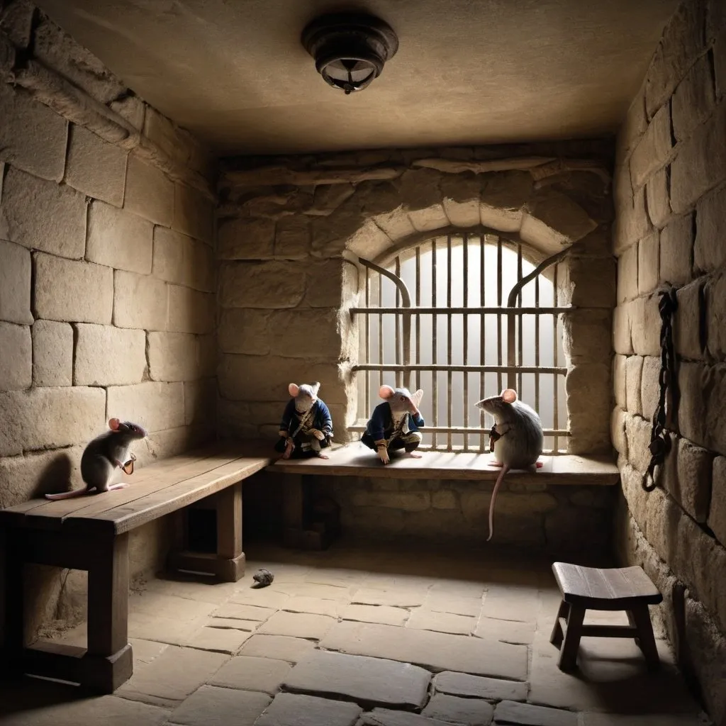 Prompt: a old jail cell from the 1600s with two pirates sitting on a bench with a window with bars above them. The walls of the cell are stone. In the corner of the window is a small mouse looking out into the cell. On the floor of the cell are lots of pirates sleeping