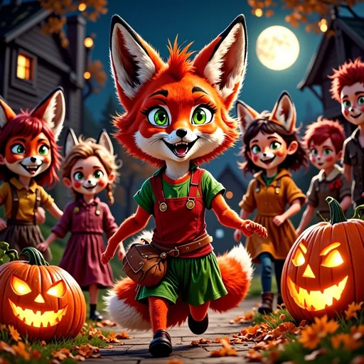 Prompt: Red Foxy character, dressed for Halloween, surrounded by excited neighborhood kids, joyfully trick-or-treating, festive costumes, glowing jack-o’-lanterns, spooky atmosphere, moonlit night sky, autumn leaves, playful expressions, high quality, ultra-detailed, engaging and cheerful vibe.